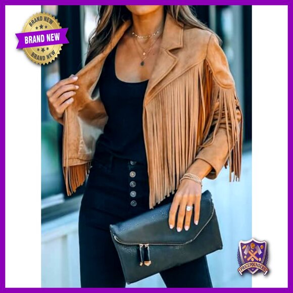 Faux Suede Cropped Fringe Jacket Western Motorcycle Style Retro Chic - Picture 2 of 7